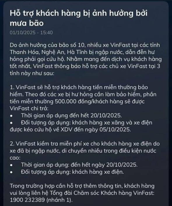 Nóng: VinFast hỗ trợ 500.000 đồng, miễn phí kiếm tra cho xe bị ngập do bão Bualoi- Ảnh 1.