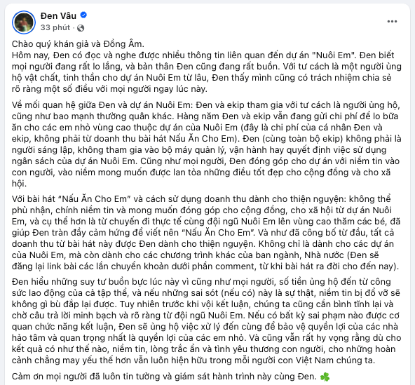 Đen Vâu lên tiếng làm rõ mối quan hệ giữa bản thân và Dự án Nuôi Em- Ảnh 2. Đen Vâu lên tiếng làm rõ mối quan hệ giữa bản thân và Dự án Nuôi Em- Ảnh 2.
