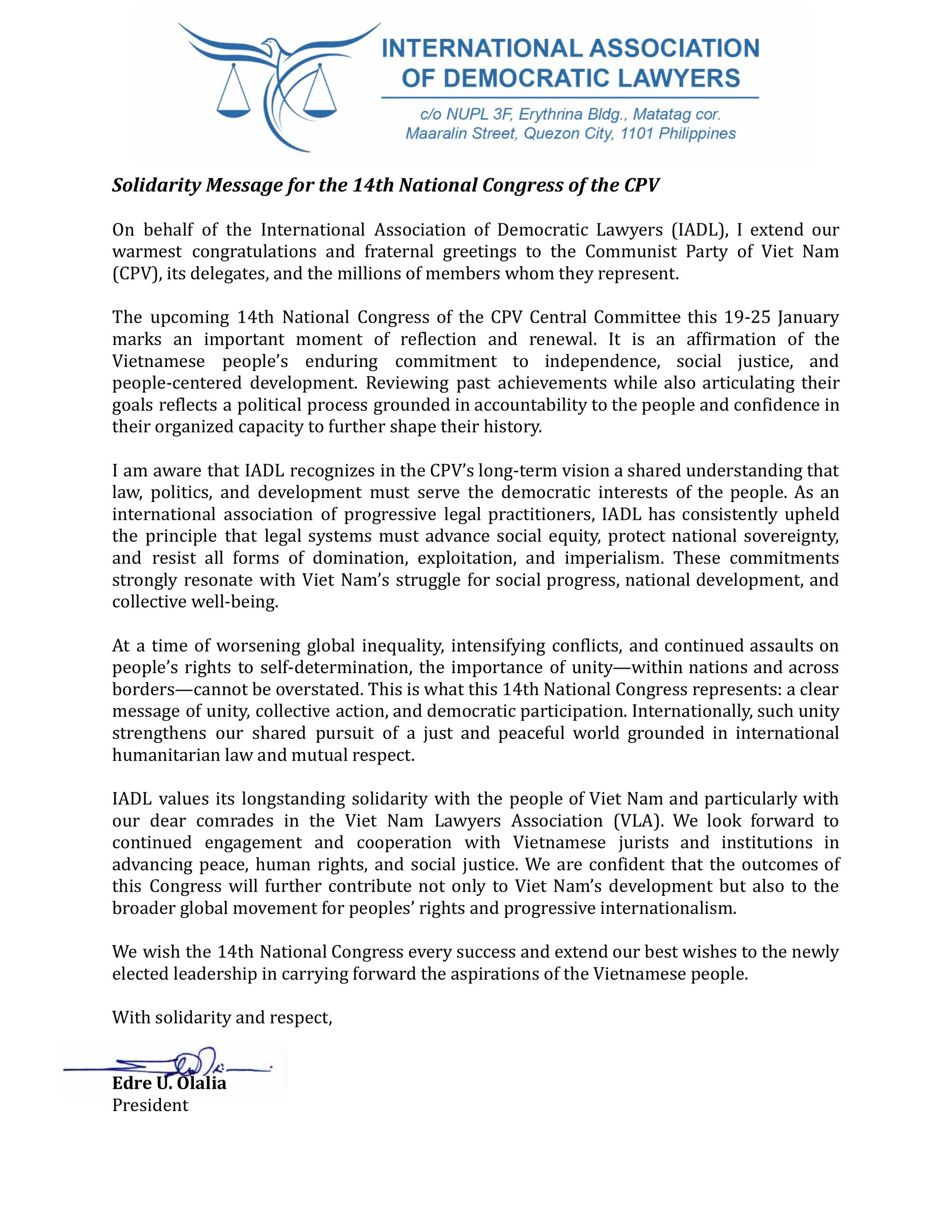 Luật gia quốc tế chúc mừng Việt Nam nhân dịp Đại hội XIV của Đảng - Ảnh 1.