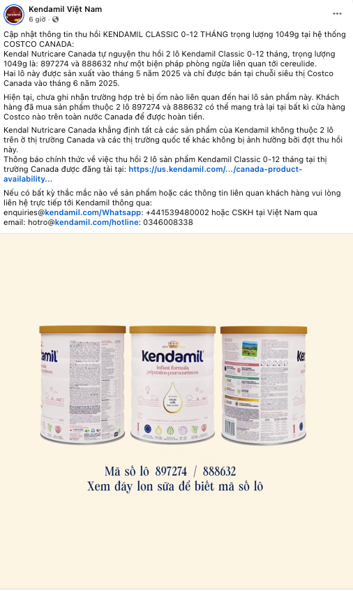 Đến lượt sữa Kendamil tại Canada bị triệu hồi - Ảnh 2.