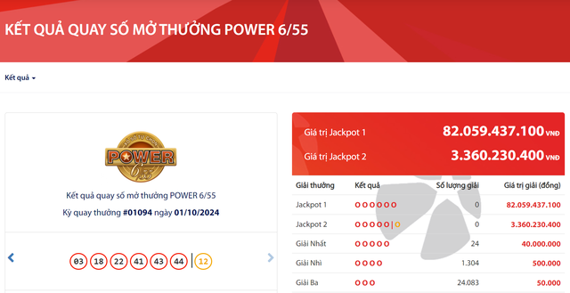 Kết quả xổ số Vietlott ngày 1/10/2024: Tìm chủ nhân giải Jackpot 82 tỷ đồng loại hình Power 6/55- Ảnh 2.