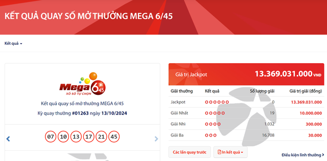 Kết quả xổ số Vietlott ngày 13/10/2024: Tìm chủ nhân giải thưởng Jackpot loại hình Mega 6/45- Ảnh 2.