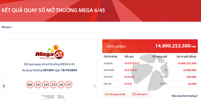 Kết quả xổ số Vietlott ngày 16/10/2024: Tìm chủ nhân giải thưởng Jackpot loại hình Mega 6/45- Ảnh 2.