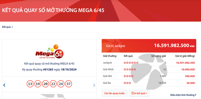 Kết quả xổ số Vietlott ngày 18/10/2024: Tìm chủ nhân giải thưởng Jackpot loại hình Mega 6/45- Ảnh 2.