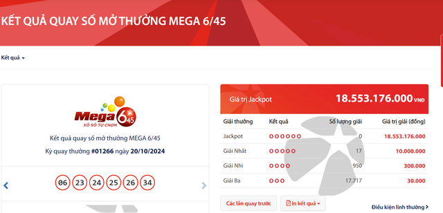 Kết quả xổ số Vietlott ngày 20/10/2024: Tìm chủ nhân giải thưởng Jackpot loại hình Mega 6/45- Ảnh 2.