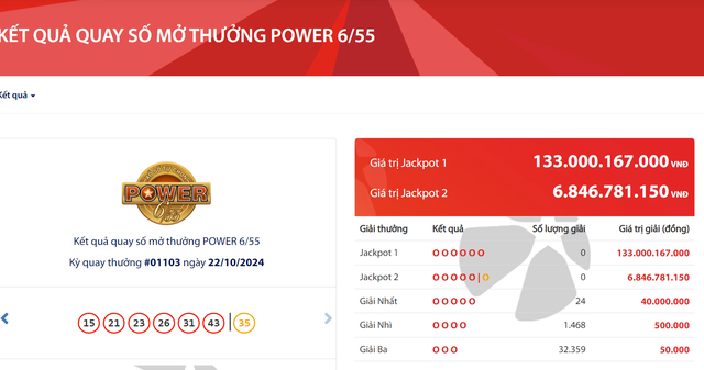 Kết quả xổ số Vietlott ngày 22/10/2024: Tìm chủ nhân giải Jackpot 133 tỷ đồng loại hình Power 6/55- Ảnh 2.