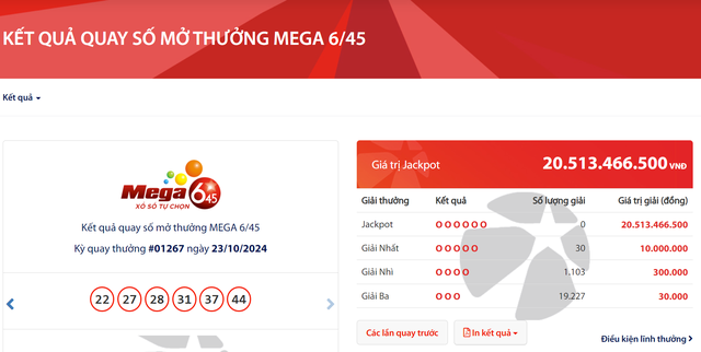 Kết quả xổ số Vietlott ngày 23/10/2024: Tìm chủ nhân giải thưởng Jackpot loại hình Mega 6/45- Ảnh 2.