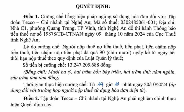 Tập đoàn Tecco và chi nhánh Nghệ An bị cưỡng chế thuế- Ảnh 1.