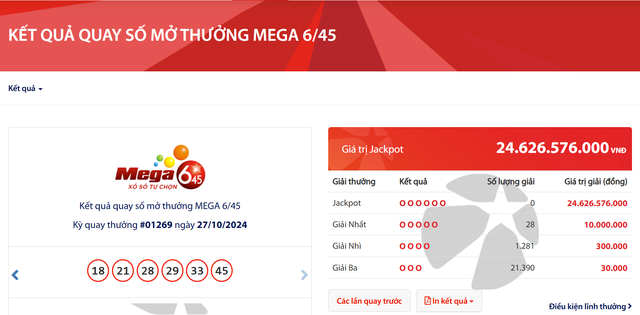 Kết quả xổ số Vietlott ngày 27/10/2024: Tìm chủ nhân giải thưởng Jackpot loại hình Mega 6/45- Ảnh 2.