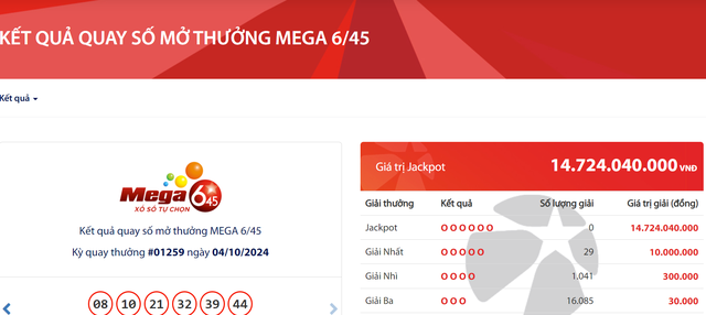 Kết quả xổ số Vietlott ngày 4/10/2024: Tìm chủ nhân giải thưởng Jackpot 14 tỷ đồng loại hình Mega 6/45- Ảnh 2.