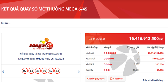 Kết quả xổ số Vietlott ngày 6/10/2024: Tìm thấy chủ nhân giải thưởng Jackpot 16 tỷ đồng loại hình Mega 6/45- Ảnh 2.