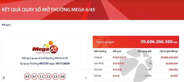 Kết quả xổ số Vietlott ngày 10/11/2024: Tìm chủ nhân giải thưởng Jackpot loại hình Mega 6/45- Ảnh 2.