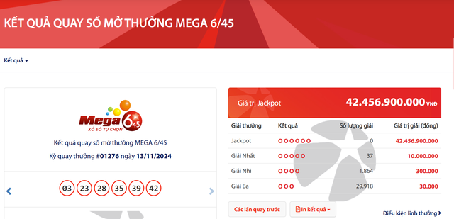 Kết quả xổ số Vietlott ngày 13/11/2024: Tìm chủ nhân giải thưởng Jackpot hơn 42 tỷ đồng loại hình Mega 6/45- Ảnh 2.