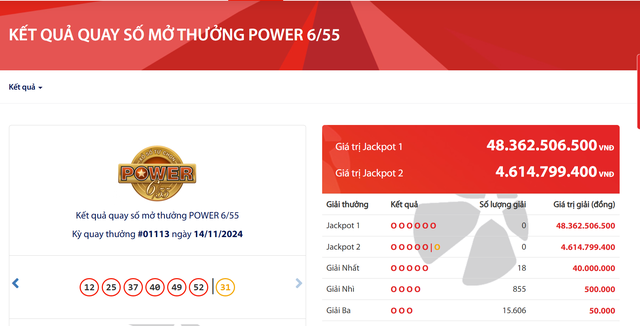 Kết quả xổ số Vietlott ngày 14/11/2024: Tìm chủ nhân giải Jackpot 48 tỷ đồng loại hình Power 6/55- Ảnh 2.