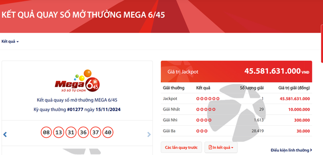 Kết quả xổ số Vietlott ngày 15/11/2024: Một khách hàng trúng giải thưởng Jackpot 45 tỷ đồng loại hình Mega 6/45- Ảnh 2.