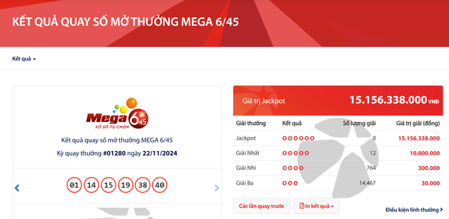 Kết quả xổ số Vietlott ngày 22/11/2024: Tìm chủ nhân giải thưởng Jackpot loại hình Mega 6/45- Ảnh 2.