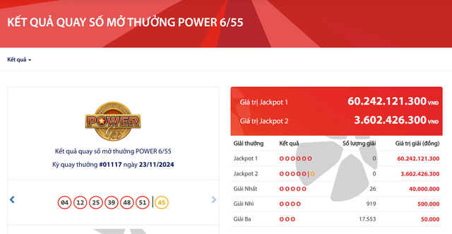 Kết quả xổ số Vietlott ngày 23/11/2024: Tìm chủ nhân giải Jackpot hơn 60 tỷ đồng loại hình Power 6/55- Ảnh 2.