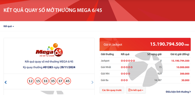 Kết quả xổ số Vietlott ngày 29/11/2024: Tìm chủ nhân giải thưởng Jackpot đồng loại hình Mega 6/45- Ảnh 2.