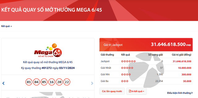 Kết quả xổ số Vietlott ngày 3/11/2024: Tìm chủ nhân giải thưởng Jackpot loại hình Mega 6/45- Ảnh 2.