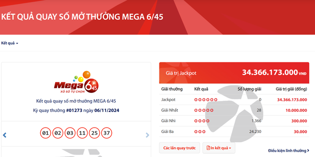 Kết quả xổ số Vietlott ngày 6/11/2024: Tìm chủ nhân giải thưởng Jackpot hơn 34 tỷ đồng loại hình Mega 6/45- Ảnh 2.