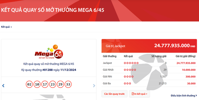 Kết quả xổ số Vietlott ngày 11/12/2024: Tìm chủ nhân giải thưởng Jackpot loại hình Mega 6/45- Ảnh 2.