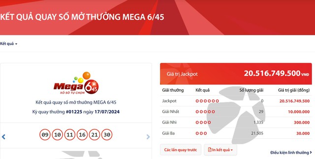 Kết quả xổ số Vietlott ngày 17/7/2024: Bộ số trúng giải thưởng Jackpot hơn 20 tỷ đồng là bao nhiêu?- Ảnh 2.