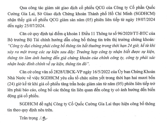 Cổ phiếu QCG giảm sàn 5 phiên liên tiếp, HoSE yêu cầu Quốc Cường Gia Lai giải trình- Ảnh 1.