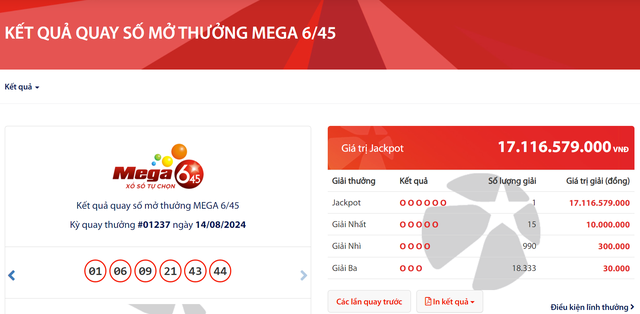 Kết quả xổ số Vietlott ngày 14/8/2024: Một khách hàng trúng giải thưởng Jackpot 17 tỷ đồng- Ảnh 1.