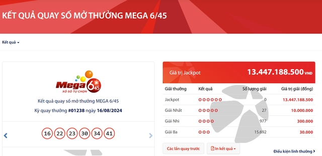 Kết quả xổ số Vietlott ngày 16/8/2024: Tìm chủ nhân giải thưởng Jackpot 13 tỷ đồng loại hình Mega 6/45- Ảnh 2.