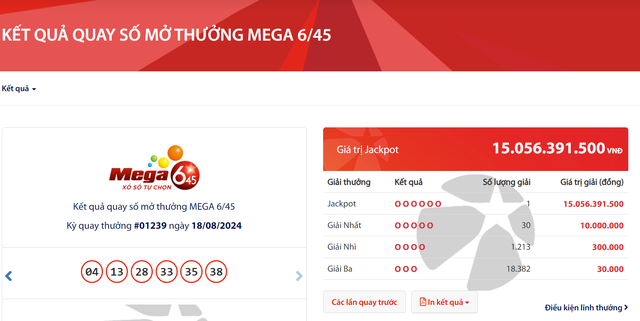 Kết quả xổ số Vietlott ngày 18/8/2024: Tìm chủ nhân giải thưởng Jackpot 15 tỷ đồng loại hình Mega 6/45- Ảnh 2.