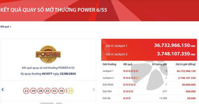 Kết quả xổ số Vietlott ngày 22/8/2024: Tìm chủ nhân giải Jackpot 36,7 tỷ đồng loại hình Power 6/55- Ảnh 2.