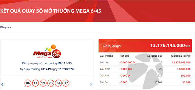 Kết quả xổ số Vietlott ngày 11/9/2024: Tìm chủ nhân giải thưởng Jackpot 13 tỷ đồng loại hình Mega 6/45- Ảnh 1.