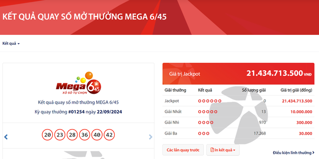 Kết quả xổ số Vietlott ngày 22/9/2024: Tìm chủ nhân giải thưởng Jackpot 21 tỷ đồng loại hình Mega 6/45- Ảnh 2.