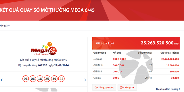 Kết quả xổ số Vietlott ngày 27/9/2024: Tìm chủ nhân giải thưởng Jackpot 25 tỷ đồng loại hình Mega 6/45- Ảnh 2.