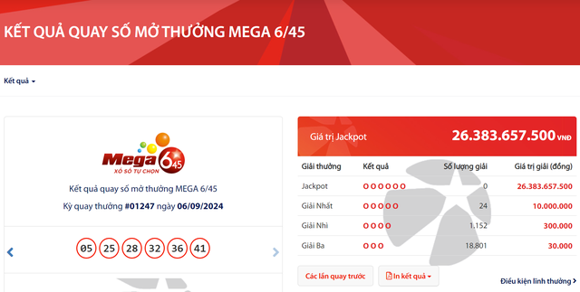 Kết quả xổ số Vietlott ngày 6/9/2024: Tìm chủ nhân giải thưởng Jackpot 26 tỷ đồng loại hình Mega 6/45- Ảnh 2.