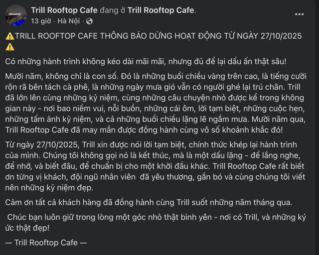 Quán cà phê sân thượng hoài niệm của giới trẻ Hà Thành thông báo dừng hoạt động sau gần 10 năm - Ảnh 1.