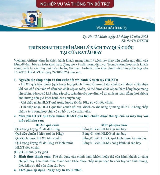 Từ 3/11, Vietnam Airlines sẽ cân hành lý xách tay tại cửa ra tàu bay và thu phí quá cước- Ảnh 2.
