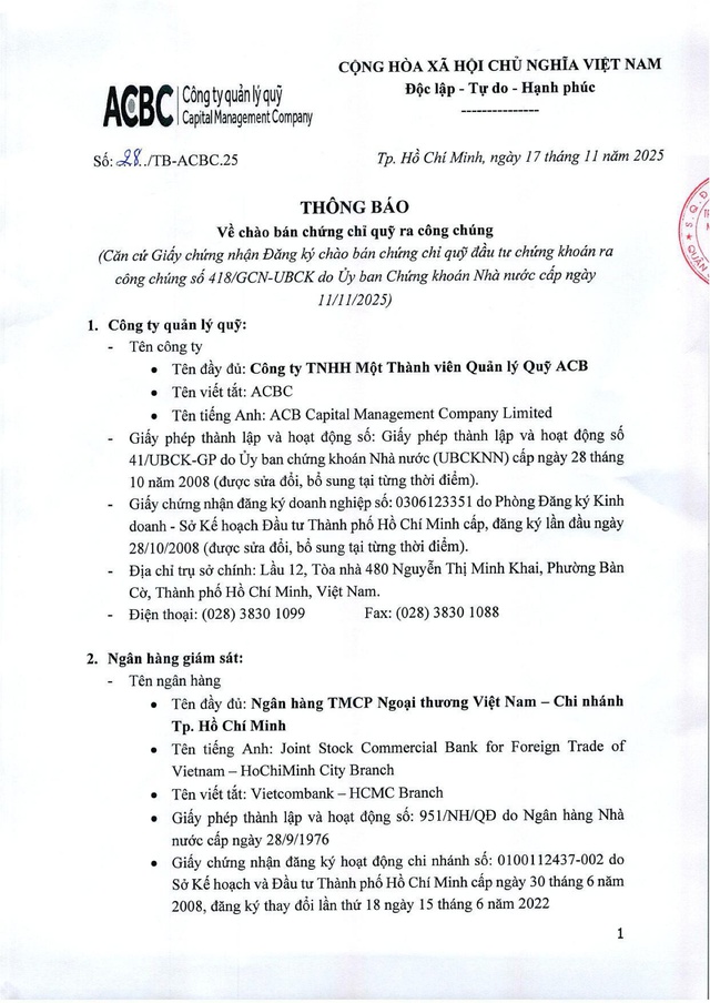 Công ty TNHH MTV Quản lý Quỹ ACB ("ACBC") thông báo chào bán chứng chỉ Quỹ ACBC-BGF ra công chúng - Ảnh 1.
