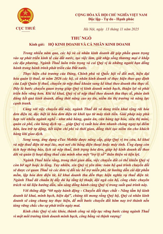 Ngành Thuế gửi thư ngỏ tới hộ kinh doanh và cá nhân kinh doanh trên cả nước - Ảnh 2.