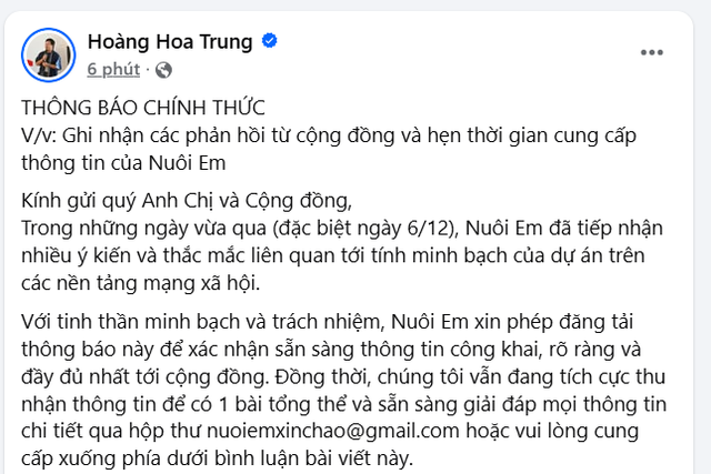Trưởng dự án “Nuôi em” Hoàng Hoa Trung lên tiếng trước loạt thắc mắc về minh bạch tài chính - Ảnh 2.