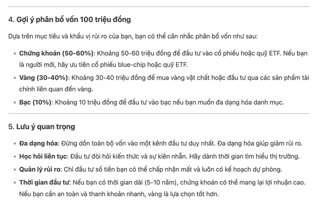 'Tôi có 100 triệu, nên rót tiền vào chứng khoán, vàng hay kênh đầu tư mới nổi này?' – Grok, DeepSeek đồng tình đến lạ, trả lời 'như sách giáo khoa'- Ảnh 3.