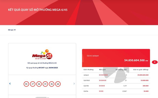 Kết quả xổ số Vietlott ngày 30/4/2025- Ảnh 2. Kết quả xổ số Vietlott ngày 30/4/2025- Ảnh 2.