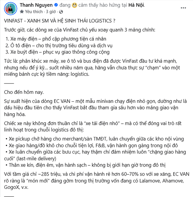 CEO Xanh SM: VinFast EC Van là 'món mới' đáng gờm trên thị trường logistics toàn các ông lớn như Lalamove, Ahamove- Ảnh 1. CEO Xanh SM: VinFast EC Van là 'món mới' đáng gờm trên thị trường logistics toàn các ông lớn như Lalamove, Ahamove- Ảnh 1.