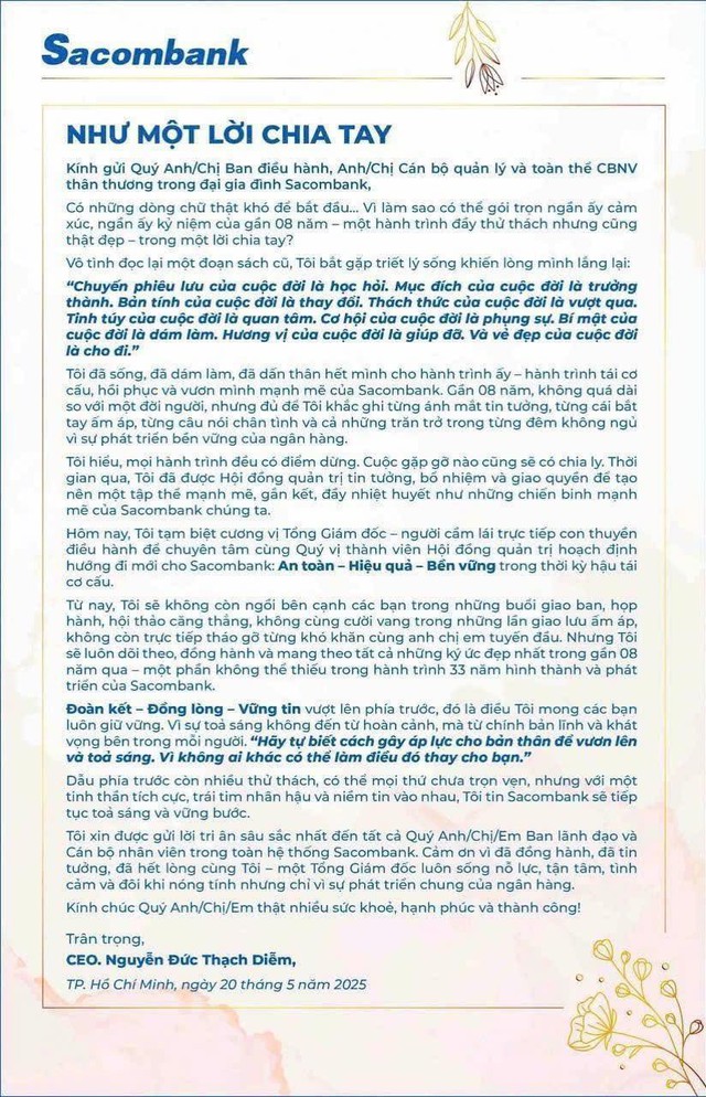 Bà Nguyễn Đức Thạch Diễm viết tâm thư rời vị trí CEO Sacombank- Ảnh 1. Bà Nguyễn Đức Thạch Diễm viết tâm thư rời vị trí CEO Sacombank- Ảnh 1.