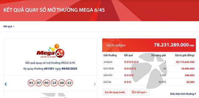 Kết quả xổ số Vietlott ngày 9/5: Hai khách hàng trúng Jackpot 78 tỷ đồng- Ảnh 2. Kết quả xổ số Vietlott ngày 9/5: Hai khách hàng trúng Jackpot 78 tỷ đồng- Ảnh 2.