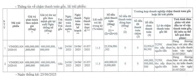 Bất động sản Vĩnh Xuân chậm thanh toán gần 423 tỷ đồng gốc, lãi trái phiếu - Ảnh 1.