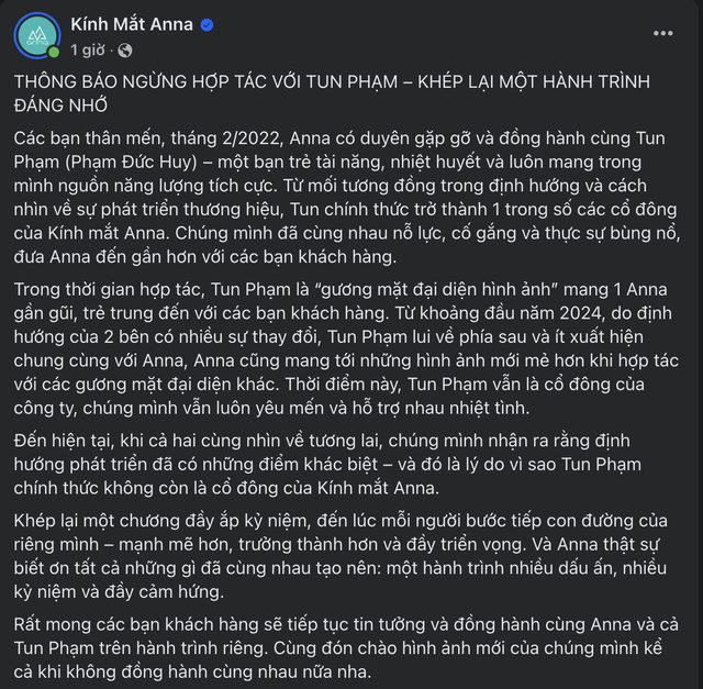 Kính mắt Anna và Tun Phạm dừng hợp tác: "Tun Phạm chính thức không còn là cổ đông của hãng" - Ảnh 1.