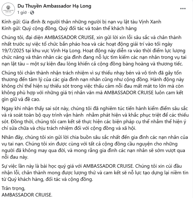 Một du thuyền 5 sao ở Hạ Long xin lỗi vì tổ chức bắn pháo hoa và các hoạt động giải trí trong ngày tàu Vịnh Xanh gặp nạn - Ảnh 2.