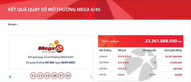 Kết quả xổ số Vietlott ngày 20/7/2025 - Ảnh 2.