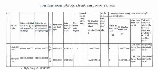 Chậm thanh toán hơn 17 tỷ đồng tiền gốc, lãi, dư nợ trái phiếu Infinity Land bao nhiêu? - Ảnh 1.